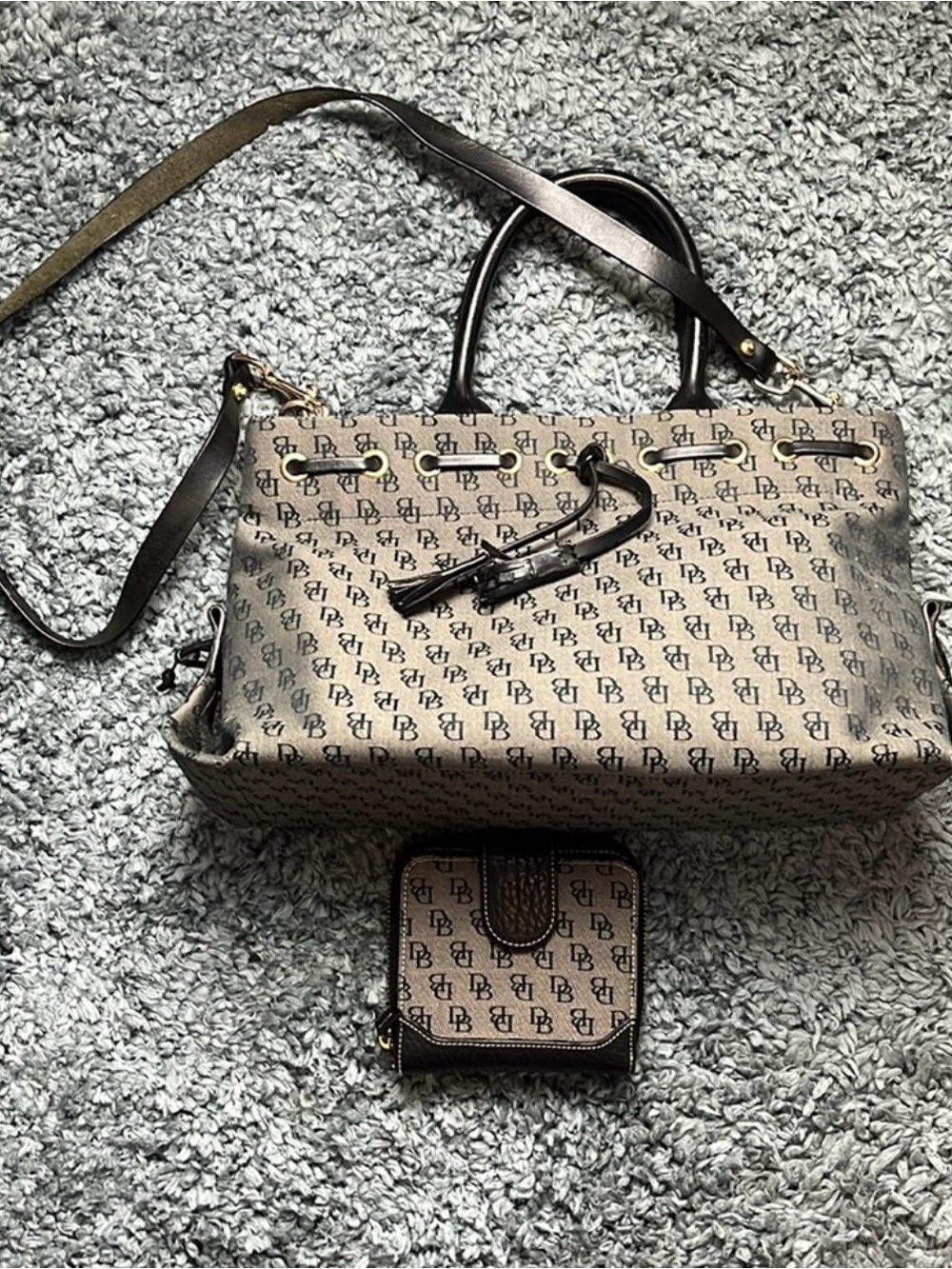 Vintage Dooney & Bourke Signature Monogram Tassle Satchel and Matching Wallet.